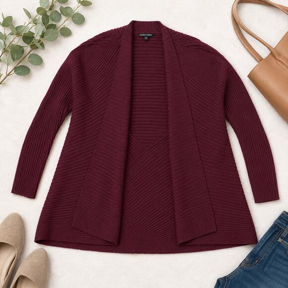 Eileen Fisher Sweaters - Eileen Fisher Merino Wool Open Front Ribbed Cardigan Sweater Burgundy Size Large